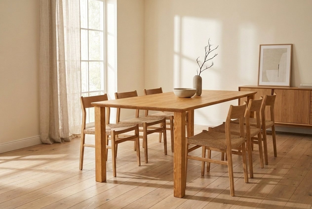 Taula de menjador FINA de 1800 mm en pi, amb sis cadires en una sala amb llum natural